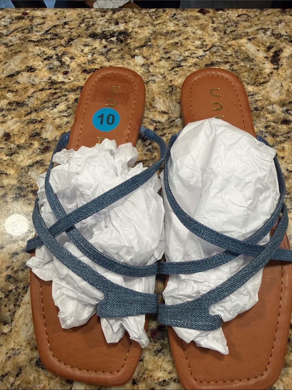 Unisa Denim Strappy Slide Sandals - Blue and Tan